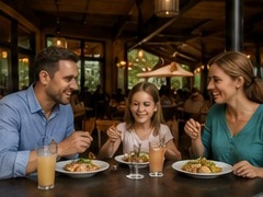 Familie aan tafel in het parkrestaurant