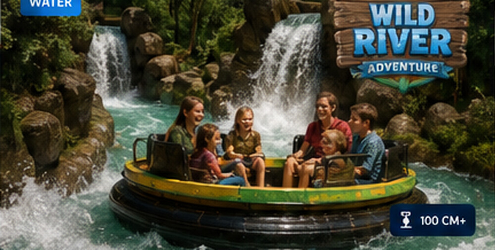 Wild River Adventure wildwaterbaan met ronde boot tussen rotsen en watervallen